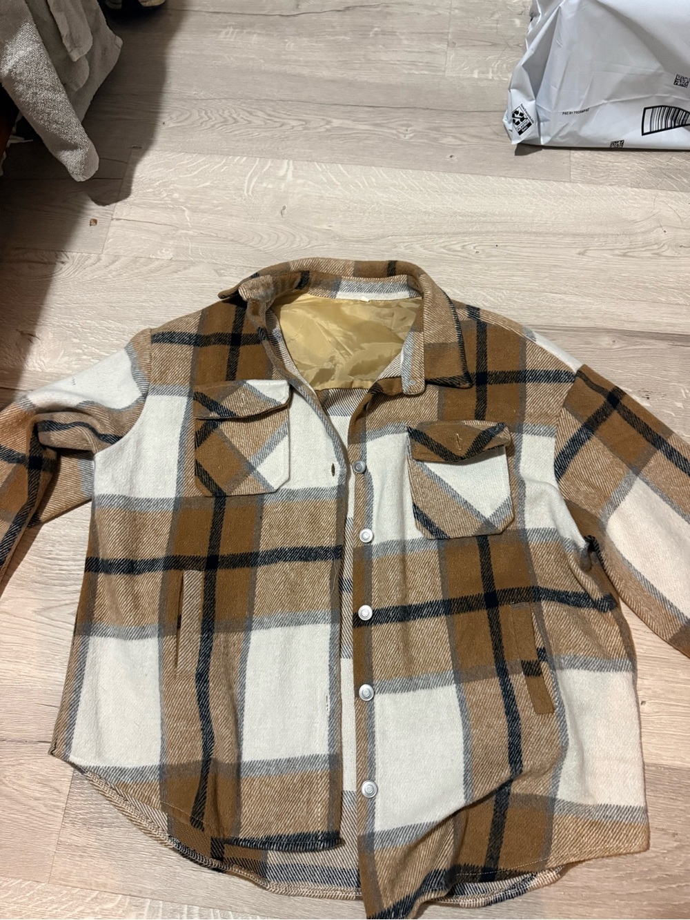 Amazon Plaid Shacket in Camel and Cream